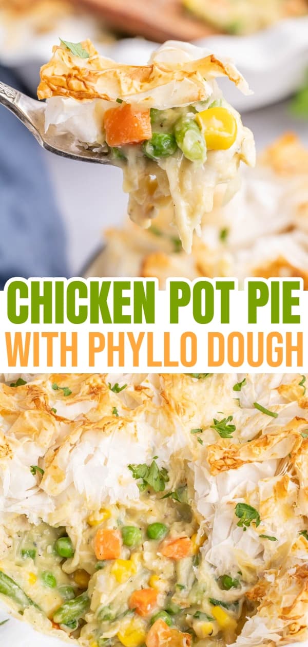 Chicken Pot Pie with Phyllo Dough is a hearty dinner recipe using shredded rotisserie chicken, frozen mixed vegetables, cream of chicken soup and sheets of phyllo dough.