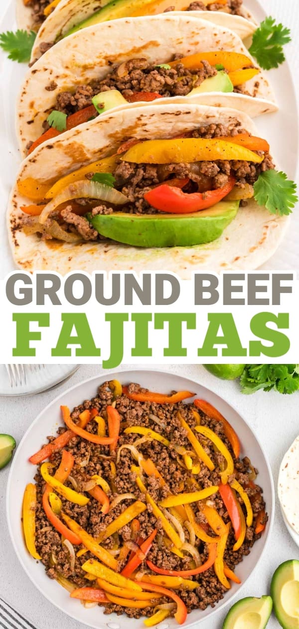 Ground Beef Fajitas are a simple weeknight meal with cooked ground beef, bell peppers and onions all seasoned with a homemade fajita spice blend and served on flour tortillas.