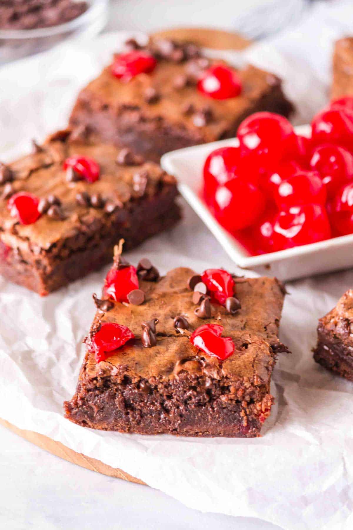 Maraschino Cherry Brownies are decadent chocolate brownies made with boxed brownie mix, chocolate chips, maraschino cherries and instant coffee.