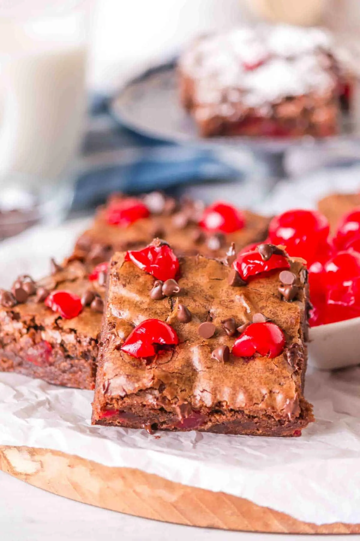 Maraschino Cherry Brownies are decadent chocolate brownies made with boxed brownie mix, chocolate chips, maraschino cherries and instant coffee.