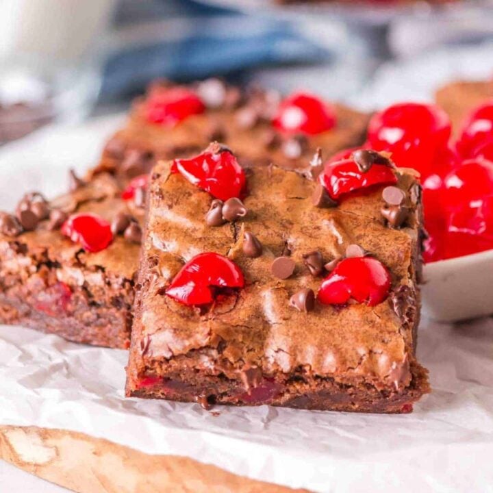 Maraschino Cherry Brownies are decadent chocolate brownies made with boxed brownie mix, chocolate chips, maraschino cherries and instant coffee.