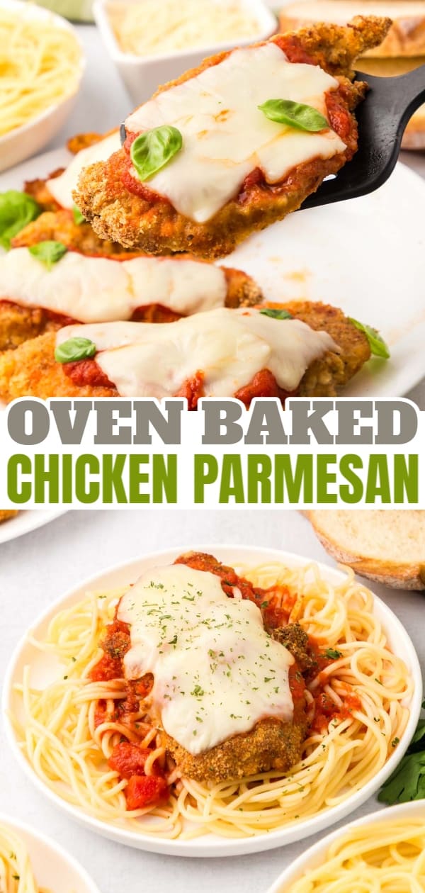 Oven Baked Chicken Parmesan is a delicious parmesan breaded chicken breast recipe topped with marinara and mozzarella cheese.