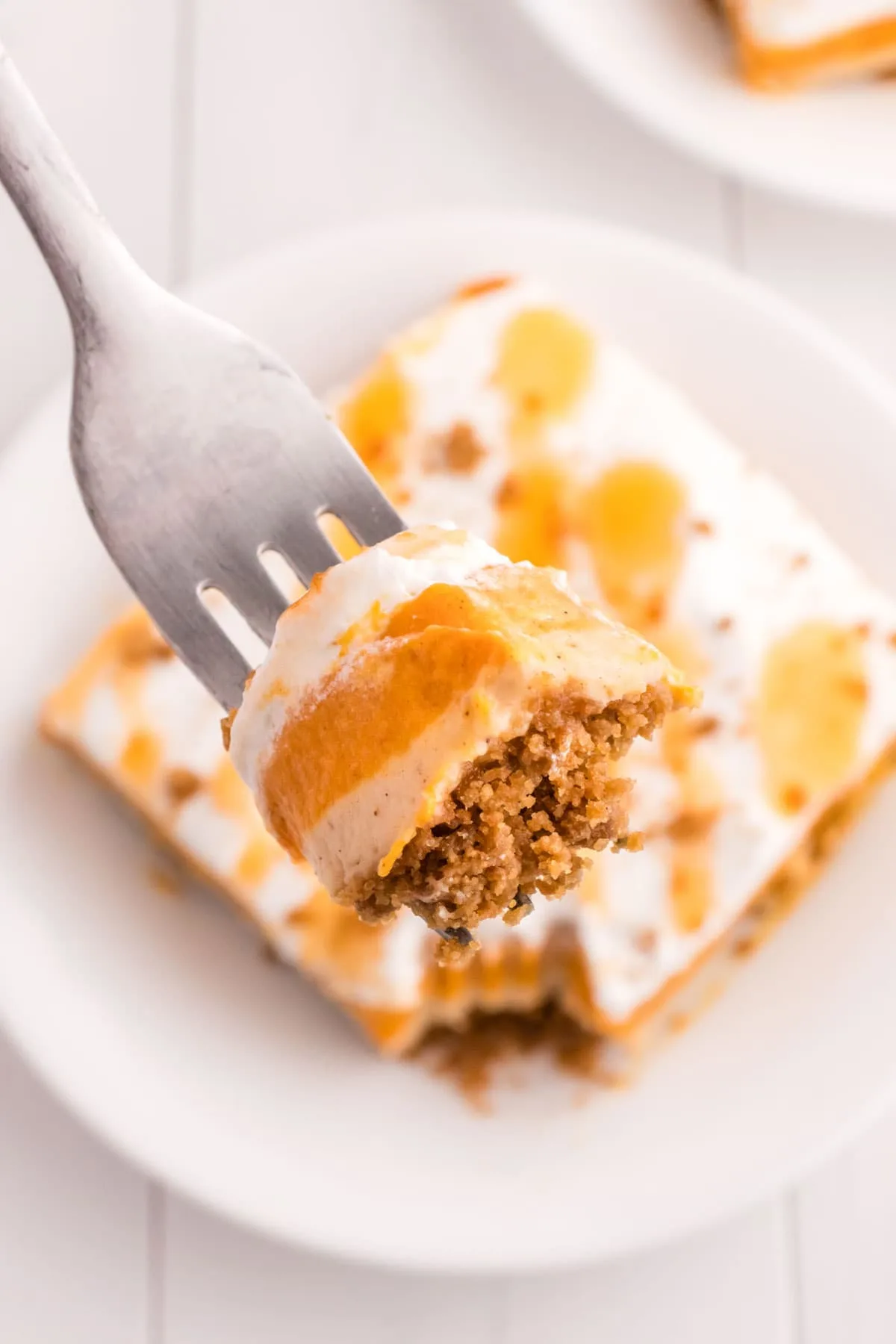 Pumpkin Delight is a rich and creamy dessert with layers of whipped topping, pumpkin pudding mousse mixture, cinnamon cheesecake and a gingersnap cookie crust.