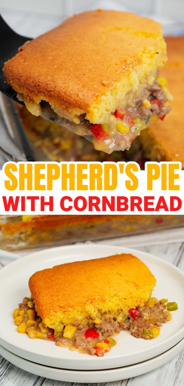 Shepherd's Pie with Cornbread is a Tex-Mex twist on a classic dish using Jiffy corn muffin mix, diced red and green peppers, corn, ground beef, instant mashed potatoes and chopped green onions.