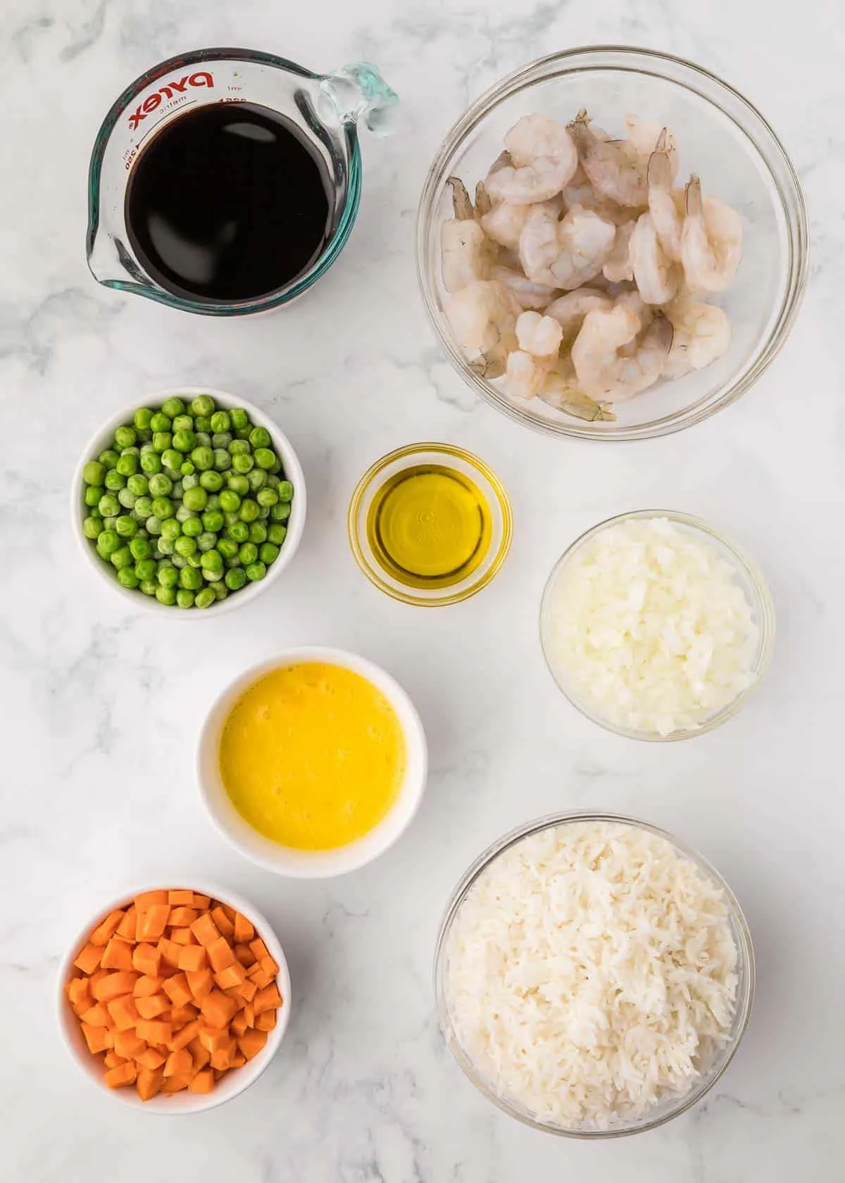 shrimp fried rice ingredients in prep bowls