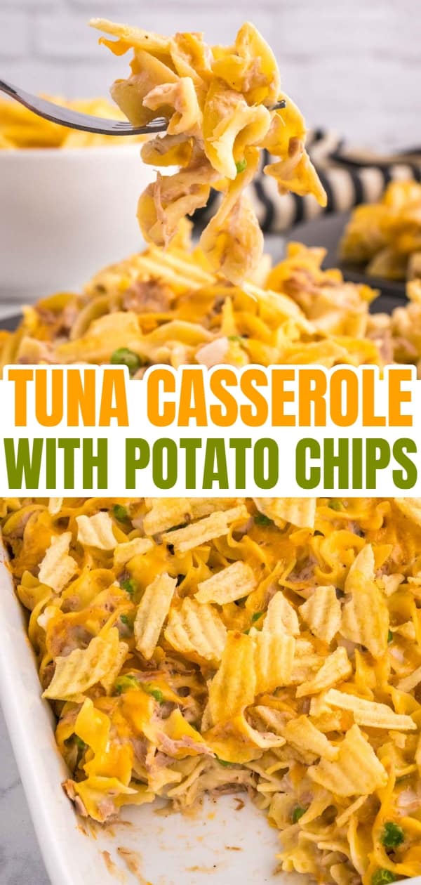 Tuna Casserole with Potato Chips is an easy dinner recipe loaded with egg noodles, canned tuna, peas, diced onions, cream of mushroom soup and shredded cheddar cheese with a crushed potato chip topping.