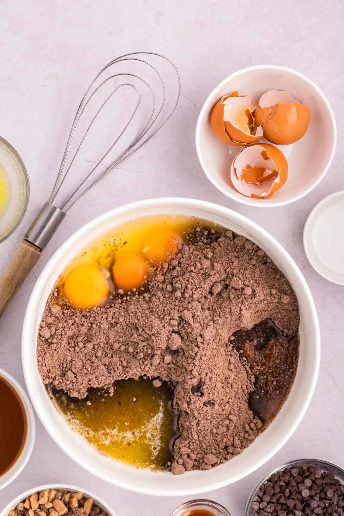 chocolate cake mix, eggs, water and melted butter in a mixing bowl