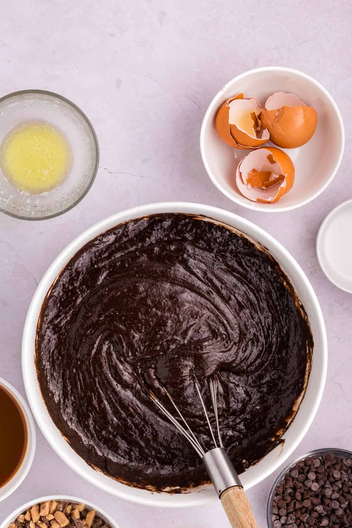 chocolate cake batter in a mixing bowl