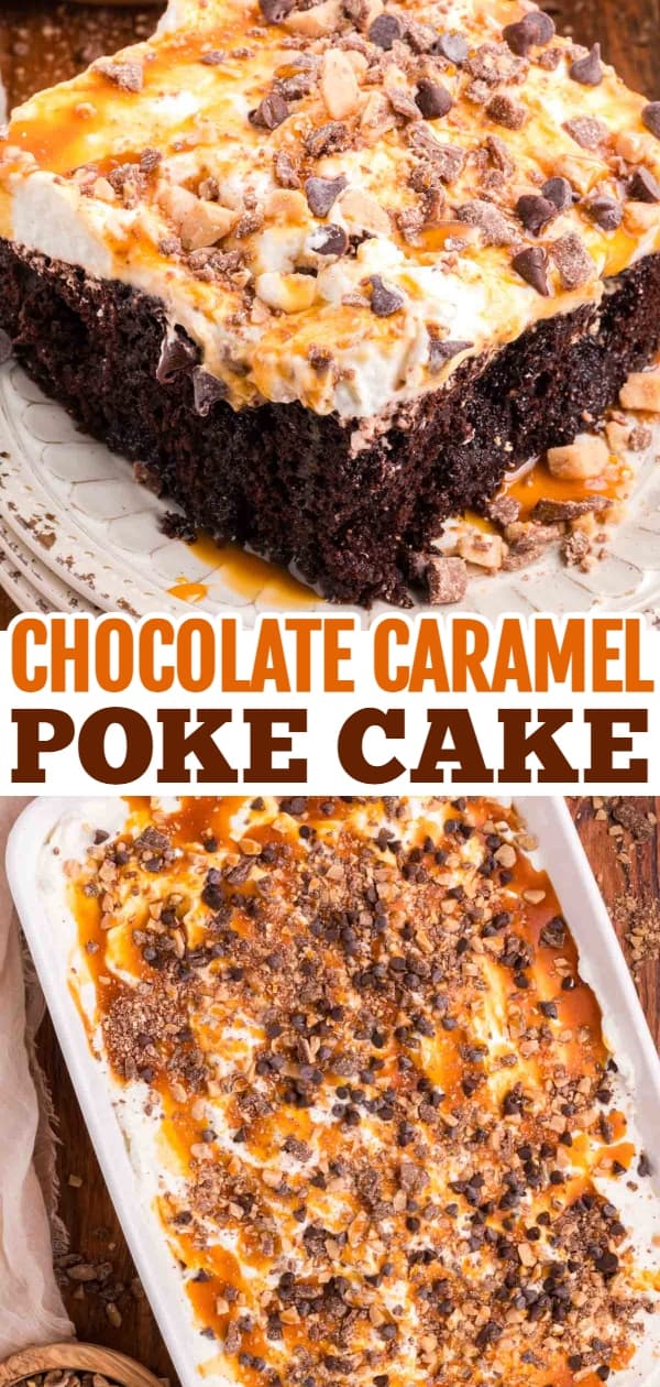 Chocolate Caramel Poke Cake is a decadent chocolate cake soaked with caramel and topped with whipped cream, caramel sauce, chocolate chips and crumbled Heath bars.