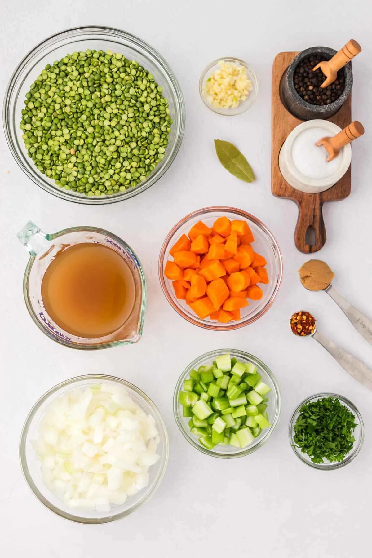 split pea soup ingredients in a prep bowls