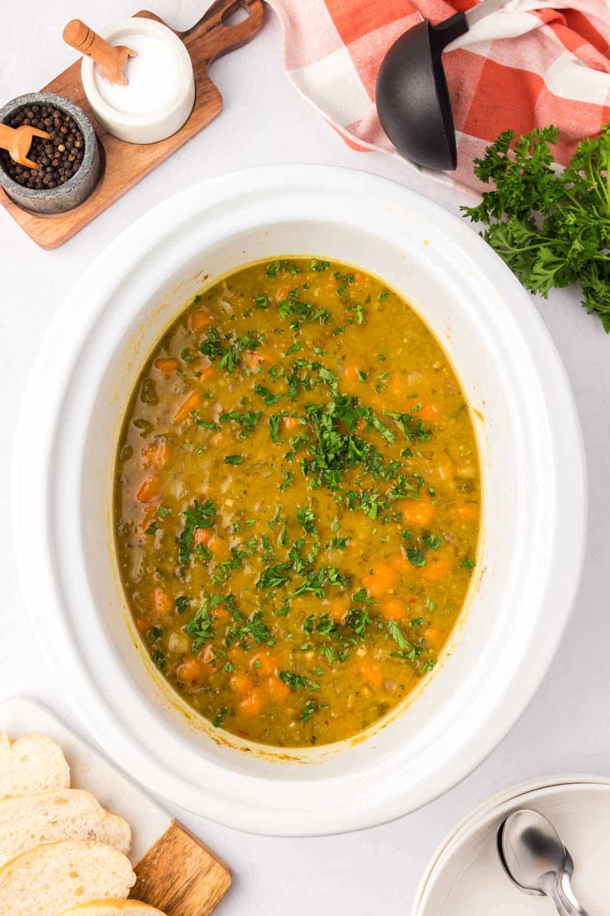 fresh chopped parsley on top of split pea soup in a crock pot