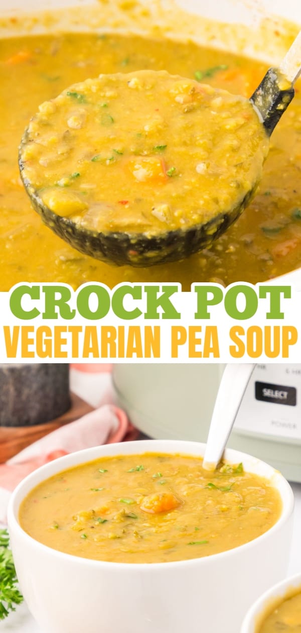 Crock Pot Split Pea Soup is a hearty slow cooker soup recipe made with split peas, carrots, celery, onions, vegetable broth and seasonings.