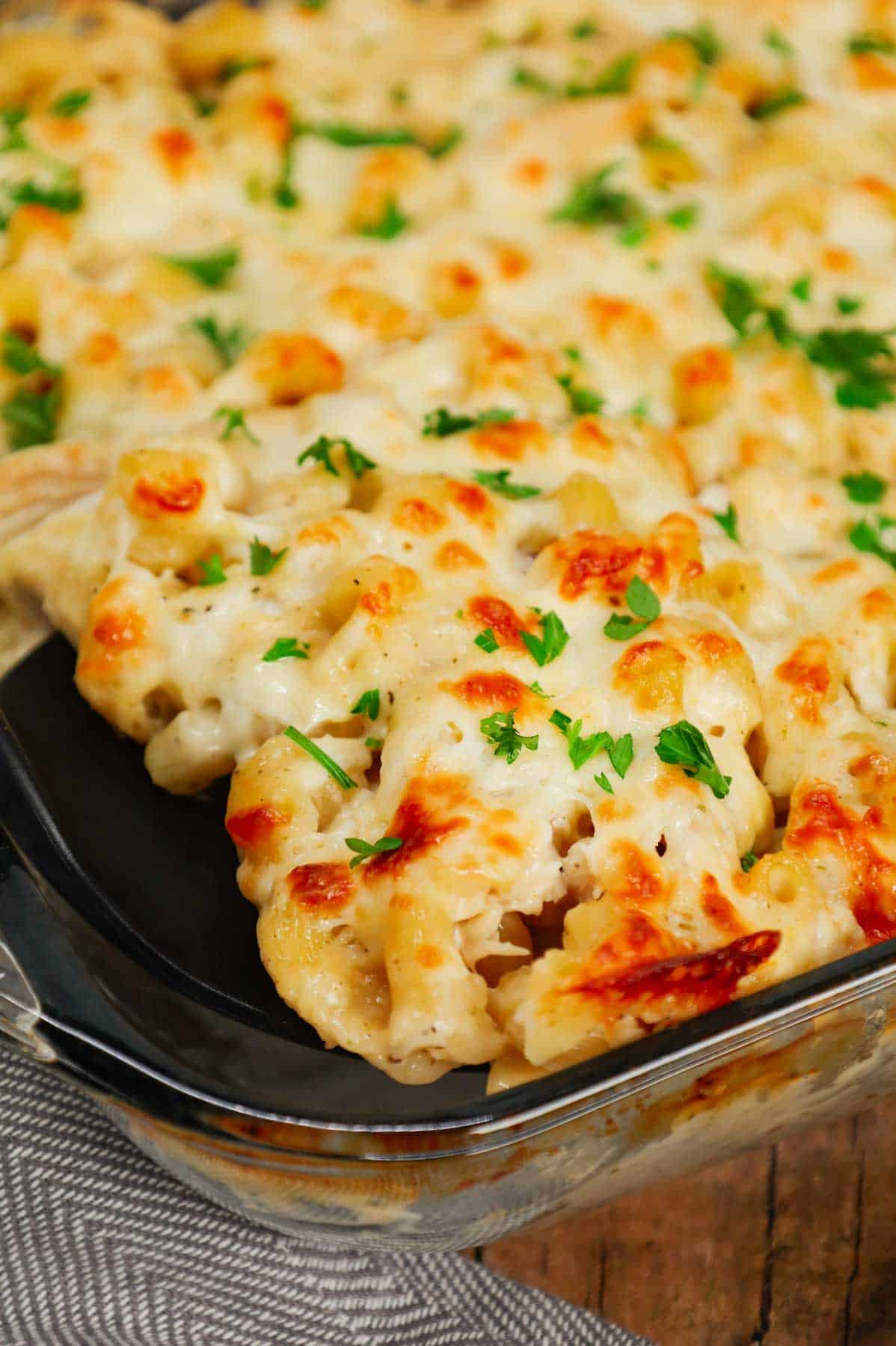 Dump and Bake Chicken Alfredo is an easy one dish meal made with cavatappi pasta, jarred alfredo sauce, condensed cream of bacon soup, chicken broth, chopped rotisserie chicken and mozzarella cheese.