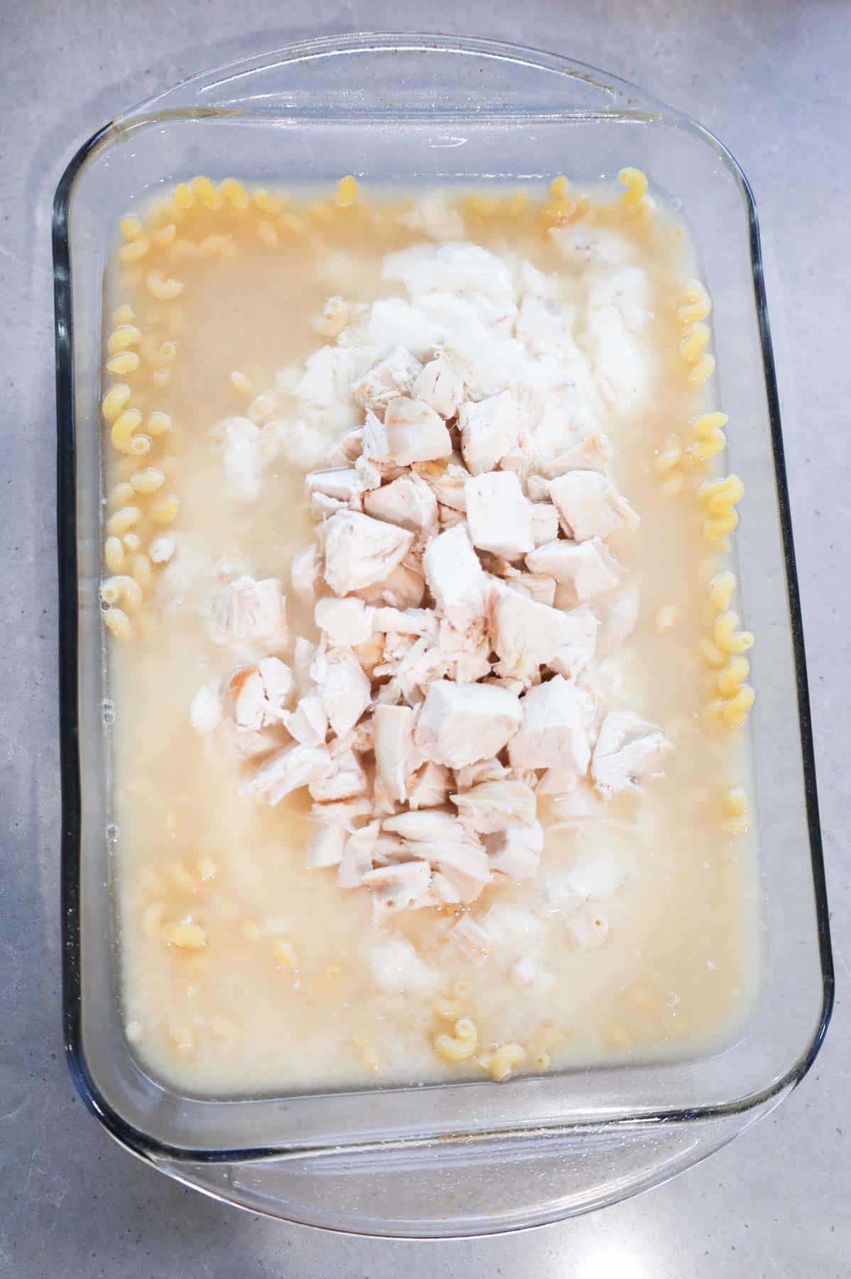 chopped chicken, chicken broth, alfredo sauce and cream of bacon soup on top of pasta in a baking dish