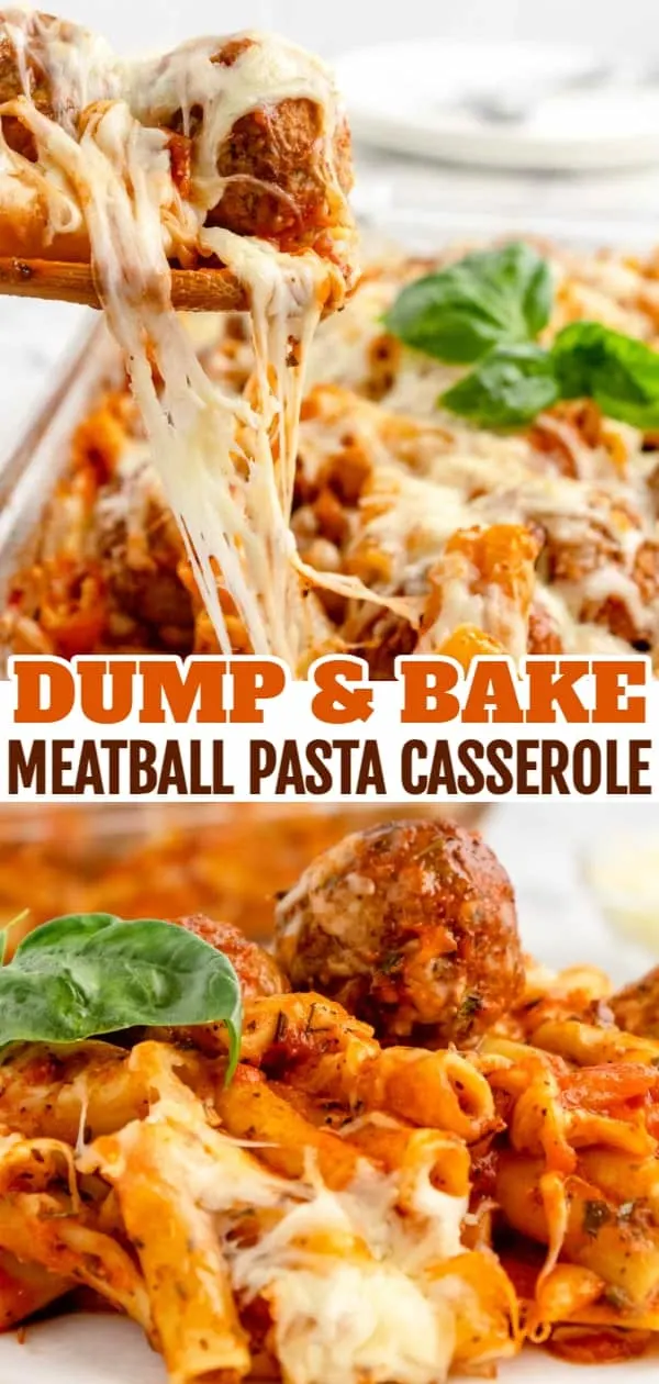 Dump and Bake Meatball Pasta Casserole is an easy dinner recipe with ziti noodles, chicken stock, pasta sauce, Italian seasoning and turkey meatballs all cooked together in one dish and then topped with mozzarella cheese.