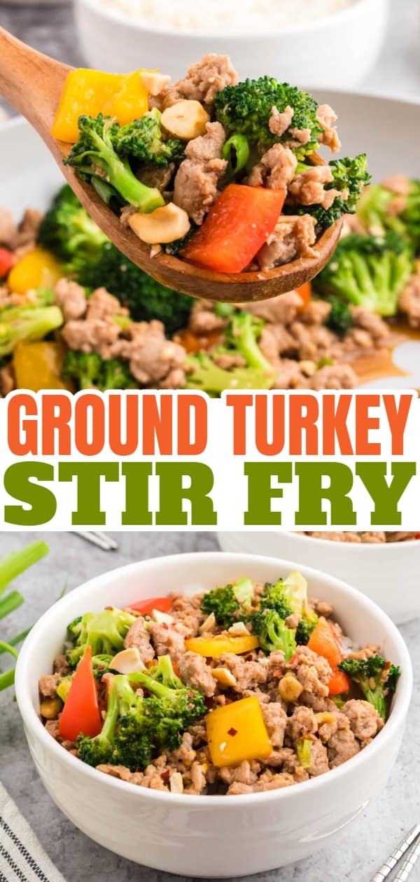 Ground Turkey Stir Fry is an easy weeknight dinner recipe loaded with bell peppers, broccoli, green onions and cashews all cooked in a sweet and savoury stir fry sauce seasoned with fresh garlic and ginger.