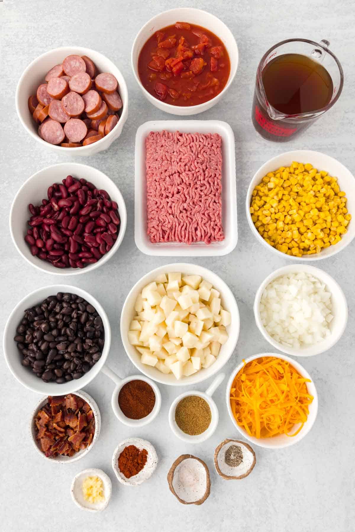 cowboy stew ingredients in prep bowls