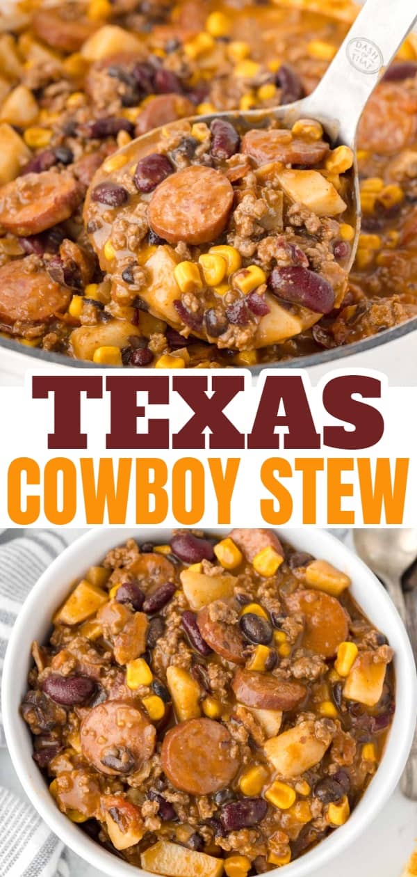 Texas Cowboy Stew is a hearty dish loaded with ground beef, smoked sausage, bacon, potatoes, corn, beans and diced tomatoes all in a flavourful beef broth.