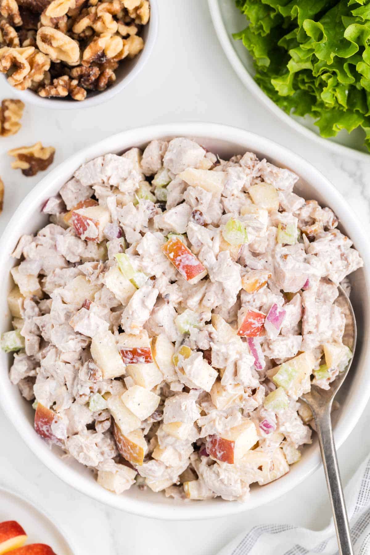 Apple Walnut Chicken Salad is a tasty lunch or dinner recipe using diced chicken, apples, chopped walnuts, celery and red onions all coated in a creamy mayo and sour cream based dressing.