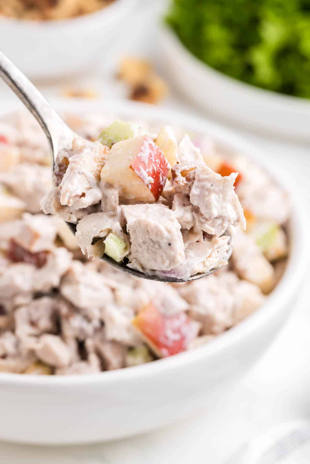 Apple Walnut Chicken Salad is a tasty lunch or dinner recipe using diced chicken, apples, chopped walnuts, celery and red onions all coated in a creamy mayo and sour cream based dressing.