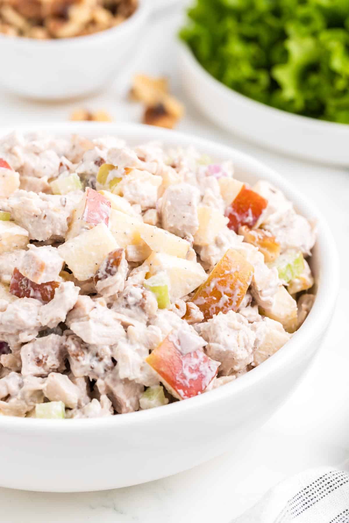Apple Walnut Chicken Salad is a tasty lunch or dinner recipe using diced chicken, apples, chopped walnuts, celery and red onions all coated in a creamy mayo and sour cream based dressing.
