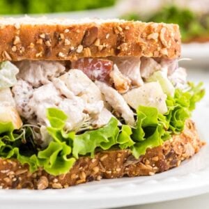 Apple Walnut Chicken Salad is a tasty lunch or dinner recipe using diced chicken, apples, chopped walnuts, celery and red onions all coated in a creamy mayo and sour cream based dressing.