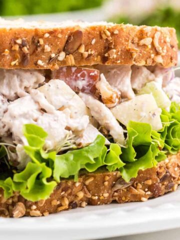Apple Walnut Chicken Salad is a tasty lunch or dinner recipe using diced chicken, apples, chopped walnuts, celery and red onions all coated in a creamy mayo and sour cream based dressing.