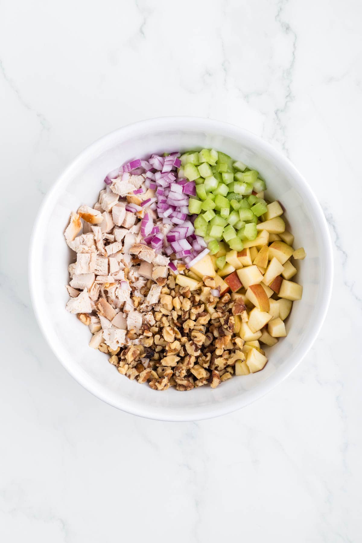 diced chicken, red onions, celery, apples and chopped walnuts in a mixing bowl