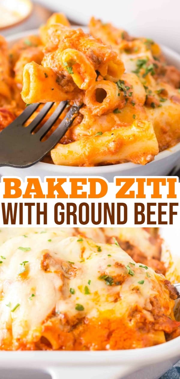 Baked Ziti with Ground Beef is a hearty baked pasta recipe loaded with ground beef, marinara sauce, sour cream, heavy cream, provolone and mozzarella cheese.