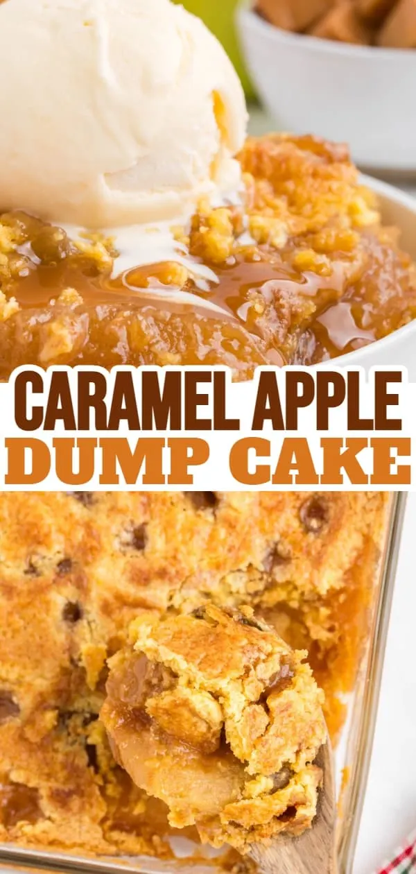 Caramel Apple Dump Cake is an easy and decadent dessert recipe made with apple pie filling, caramel bits, boxed yellow cake mix and butter.