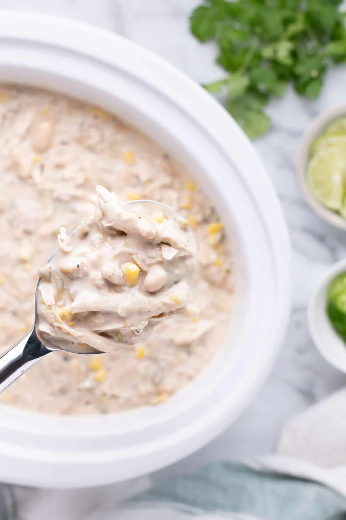 Crock Pot White Chicken Chili is a hearty slow cooker dinner recipe loaded with navy beans, chicken thighs, green chiles, corn, onions and spices.