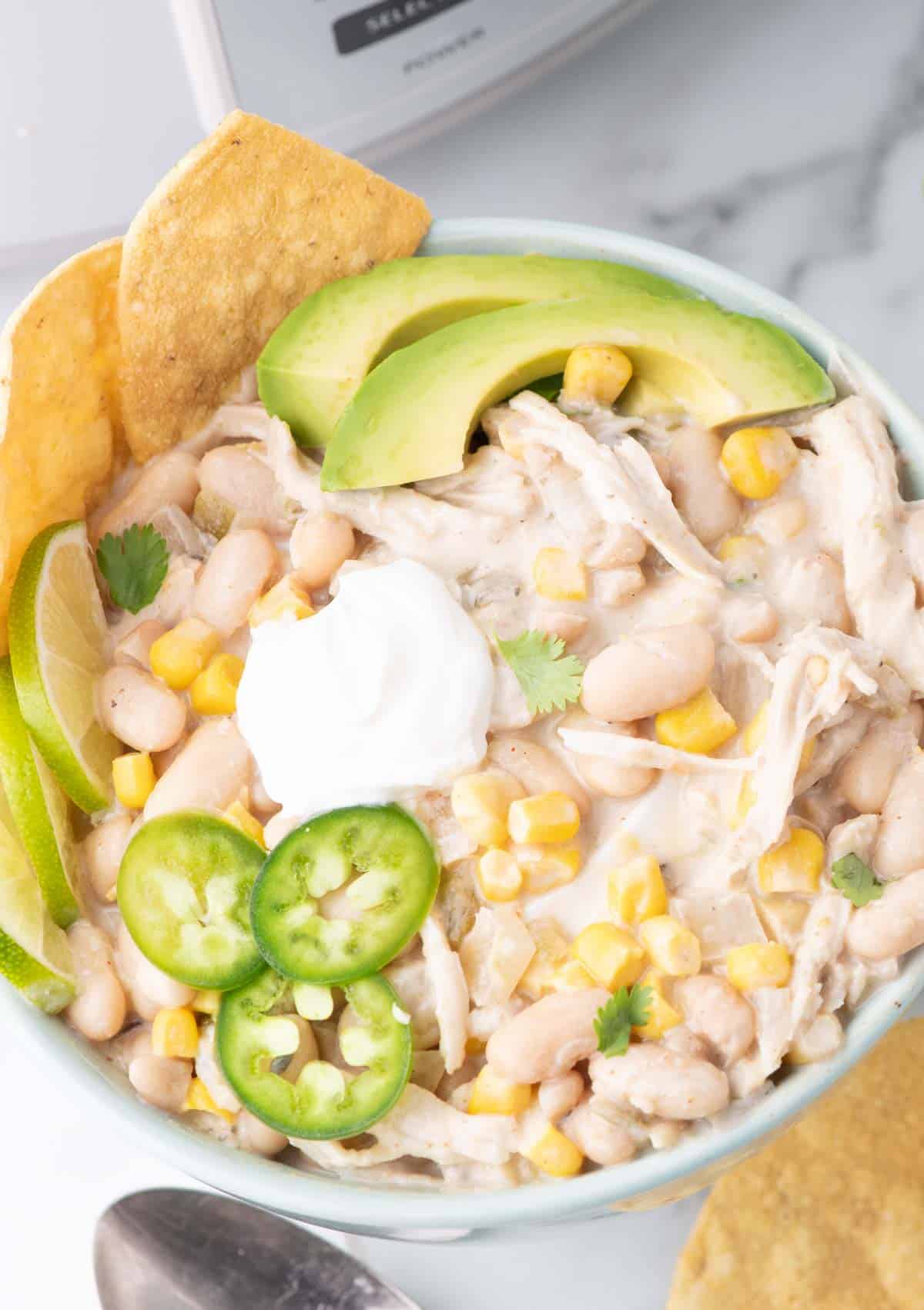 Crock Pot White Chicken Chili is a hearty slow cooker dinner recipe loaded with navy beans, chicken thighs, green chiles, corn, onions and spices.