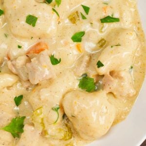 Dutch Oven Chicken and Dumplings is hearty dinner recipe loaded with chunks of chicken, onion, celery, carrots and soft doughy Bisquick dumplings all in a creamy and flavourful broth.