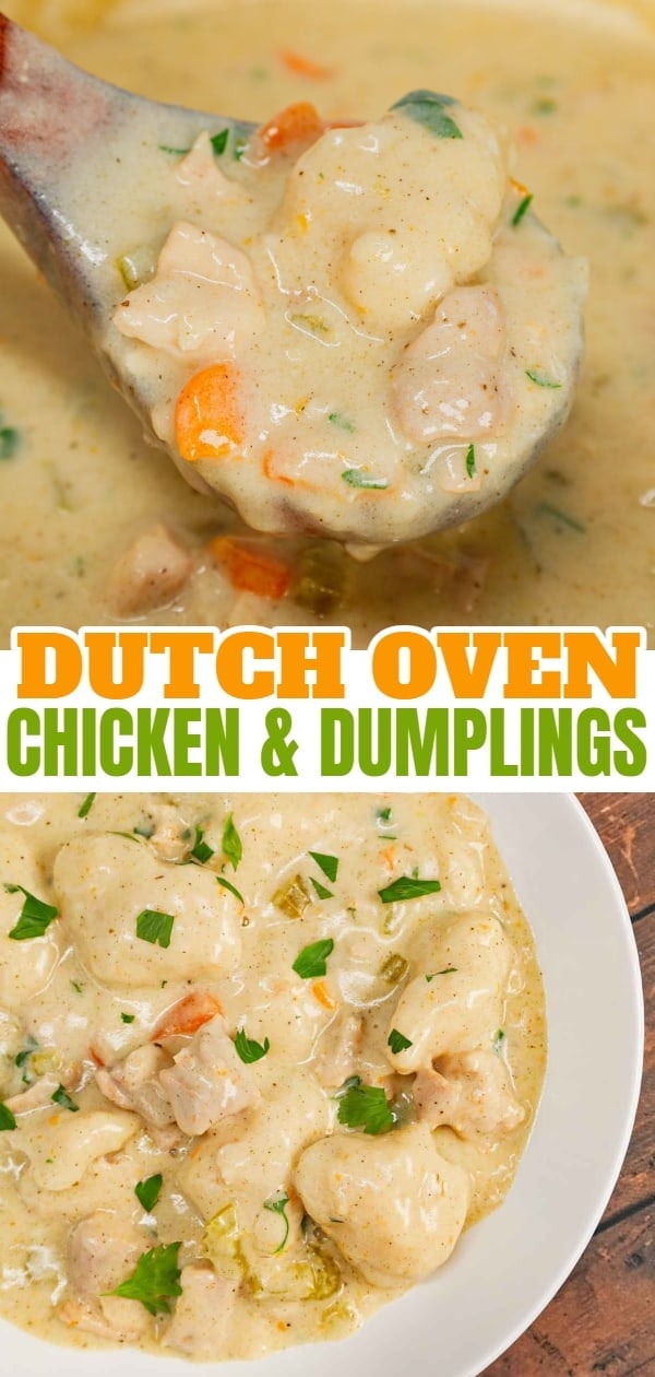 Dutch Oven Chicken and Dumplings is hearty dinner recipe loaded with chunks of chicken, onion, celery, carrots and soft doughy Bisquick dumplings all in a creamy and flavourful broth.