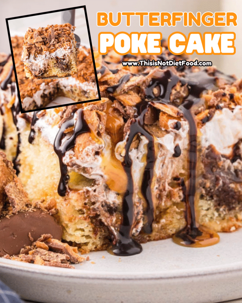 🍰 Butterfinger Poke Cake &ndash; Easy Candy Dessert Recipe 🍫
Indulgent Butterfinger Poke Cake made with moist yellow cake, layers of butterfinger candy pieces, creamy sweet pudding filling, and finished with a rich whipped topping &mdash; the ultimate easy dessert recipe for Butterfinger lovers! Perfect for birthdays, holiday gatherings, potlucks, party desserts, and sweet treats the whole family will love. Save this Butterfinger cake, poke cake dessert, candy bar dessert, easy baking recipe, and tap for the full recipe with step-by-step photos & tips on This Is Not Diet Food! ❤️ #butterfingerpokecake #dessertrecipe #cakerecipe #easybaking #poke-cake #candycakerecipe #party-dessert #thisisnotdietfood