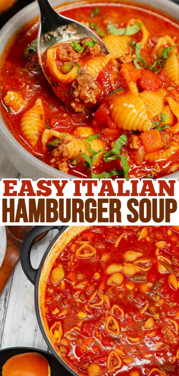 Italian Hamburger Soup is a hearty ground beef soup recipe loaded with mixed frozen veggies, diced tomatoes, Italian seasoning and small pasta shells all in a delicious tomato beef broth.