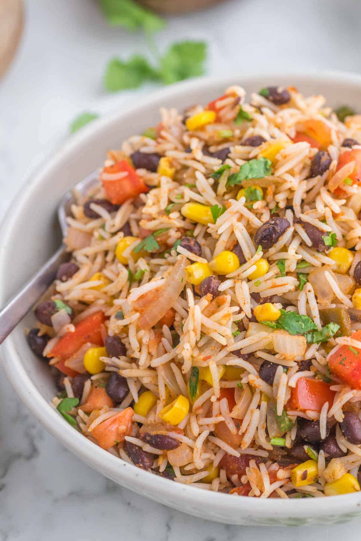 Mexican Fried Rice is a flavourful side dish loaded with onions, tomatoes, corn, black beans and salsa.