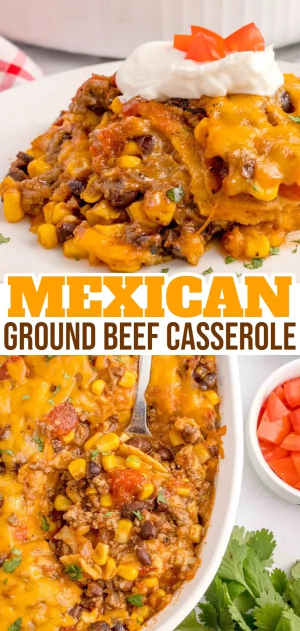 Mexican Ground Beef Casserole is a hearty dish loaded with ground beef, diced tomatoes, black beans, corn, cheddar cheese and corn tortillas.