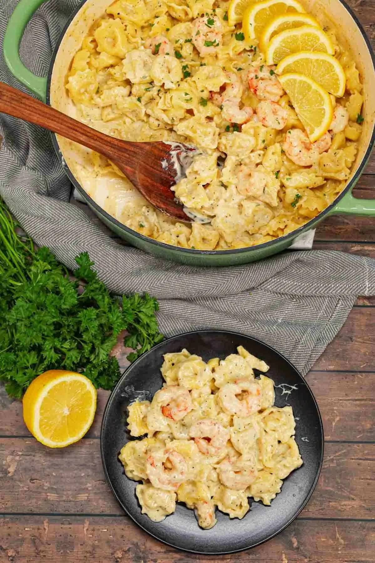 Shrimp Tortellini Alfredo is a delicious seafood pasta recipe with cheese tortellini and tender shrimp all tossed in a creamy garlic parmesan sauce.