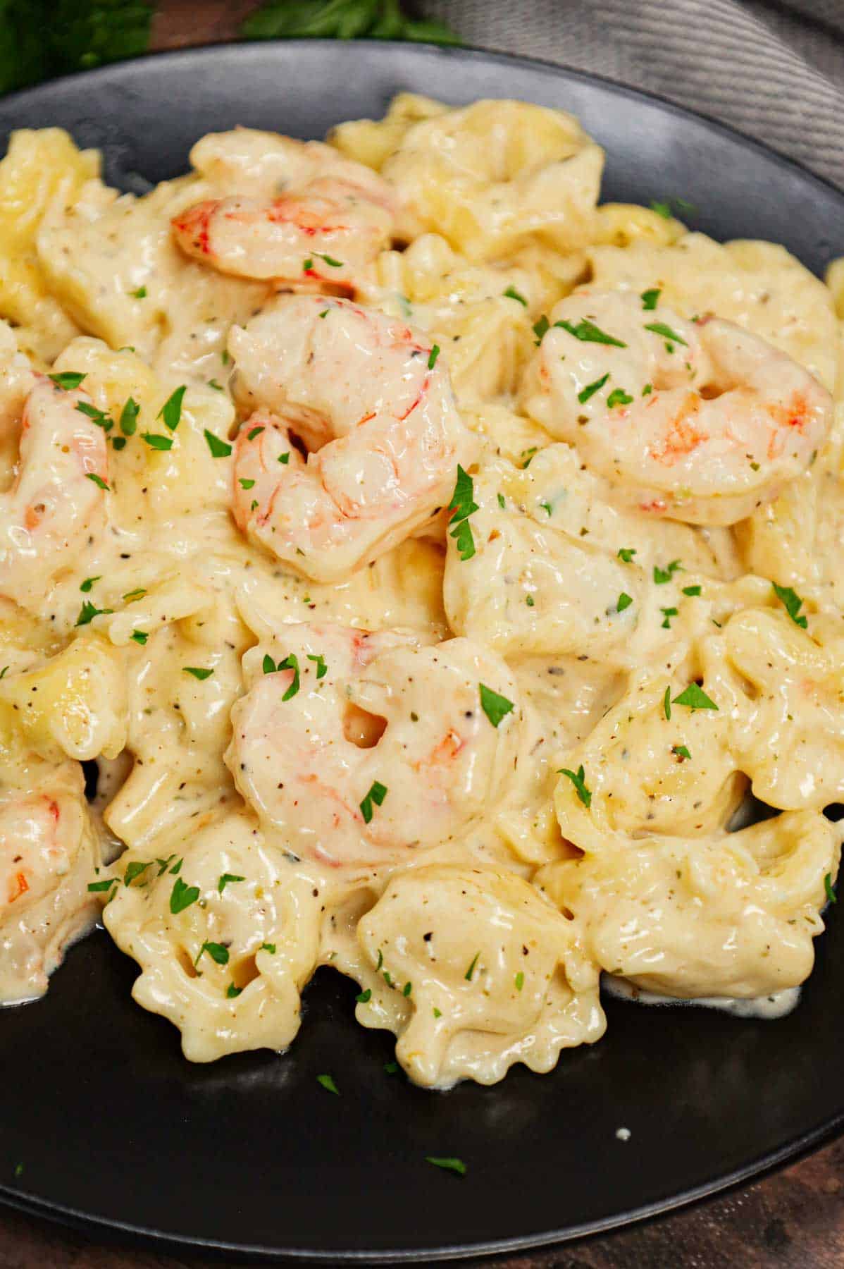 Shrimp Tortellini Alfredo is a delicious seafood pasta recipe with cheese tortellini and tender shrimp all tossed in a creamy garlic parmesan sauce.