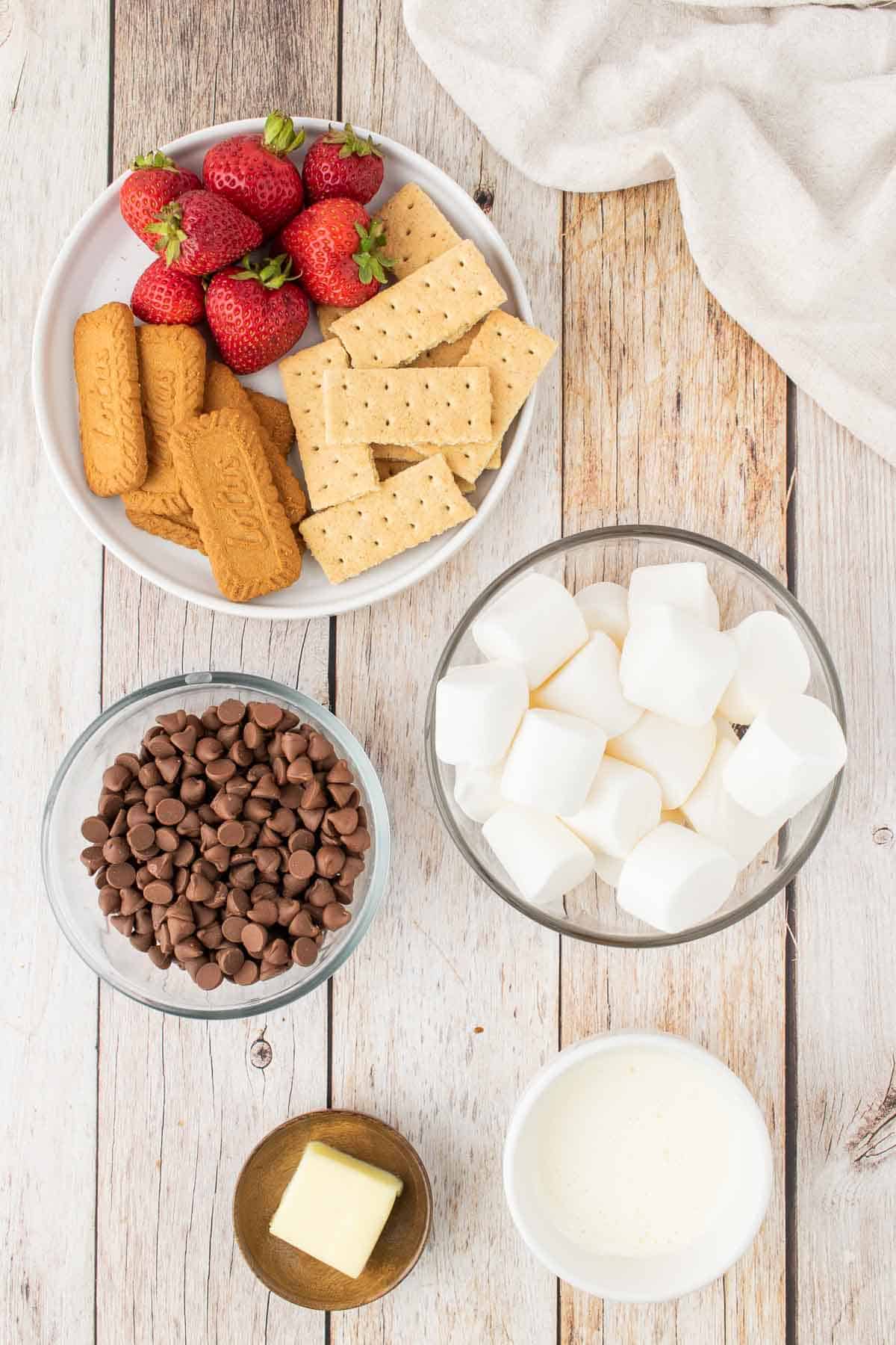 s'mores dip ingredients in prep bowls