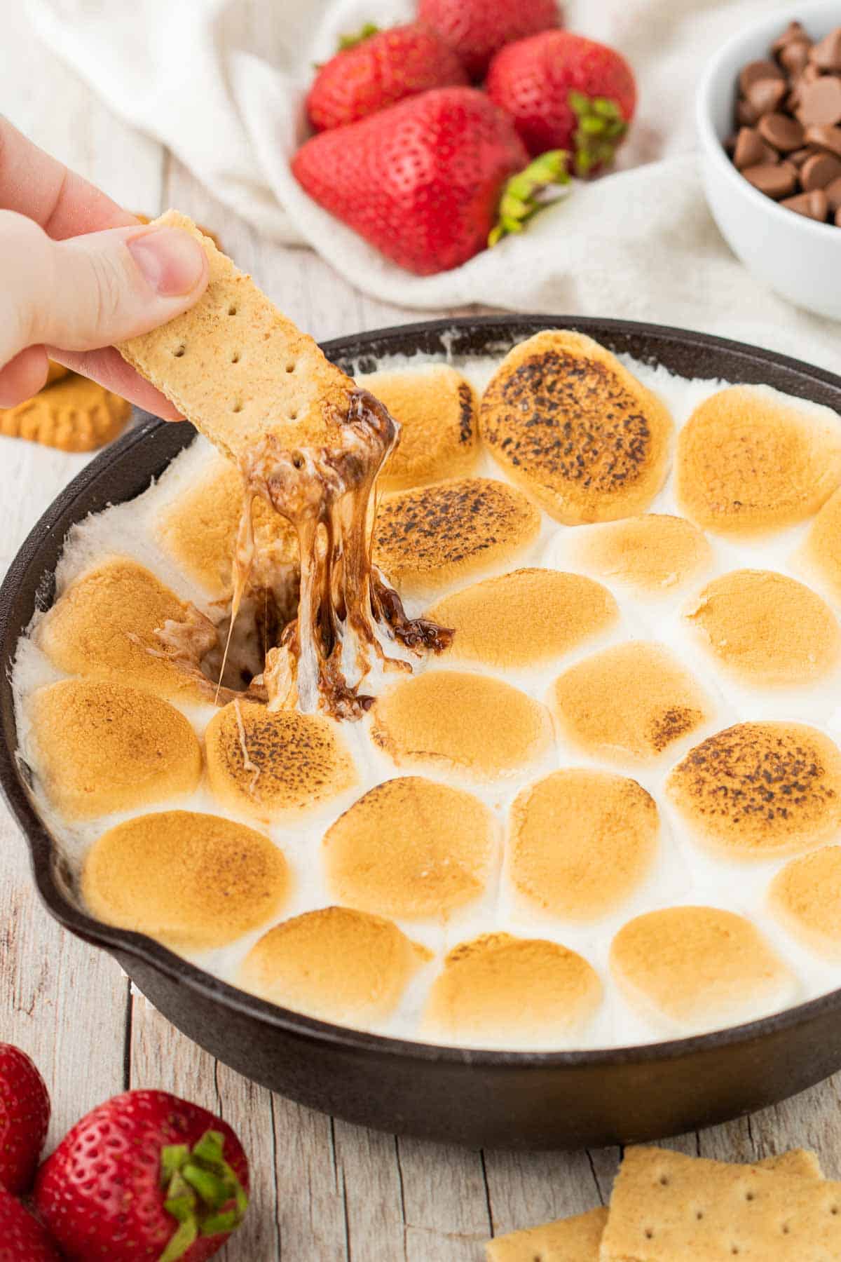 S'mores Dip is a simple and delicious dessert with a base of melted chocolate and topped with gooey toasted marshmallows perfect for scooping up with graham crackers, pretzels, cookies and fresh strawberries.