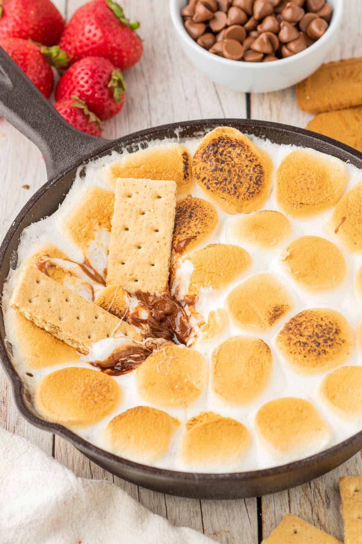 S'mores Dip is a simple and delicious dessert with a base of melted chocolate and topped with gooey toasted marshmallows perfect for scooping up with graham crackers, pretzels, cookies and fresh strawberries.