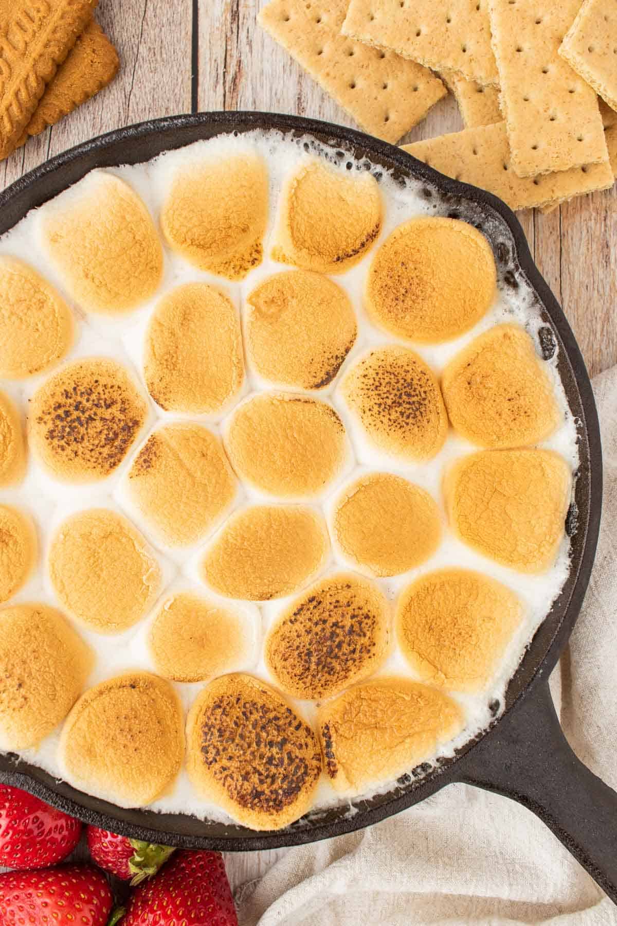 S'mores Dip is a simple and delicious dessert with a base of melted chocolate and topped with gooey toasted marshmallows perfect for scooping up with graham crackers, pretzels, cookies and fresh strawberries.