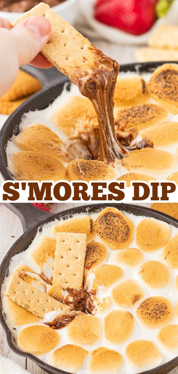 S'mores Dip is a simple and delicious dessert with a base of melted chocolate and topped with gooey toasted marshmallows perfect for scooping up with graham crackers, pretzels, cookies and fresh strawberries.