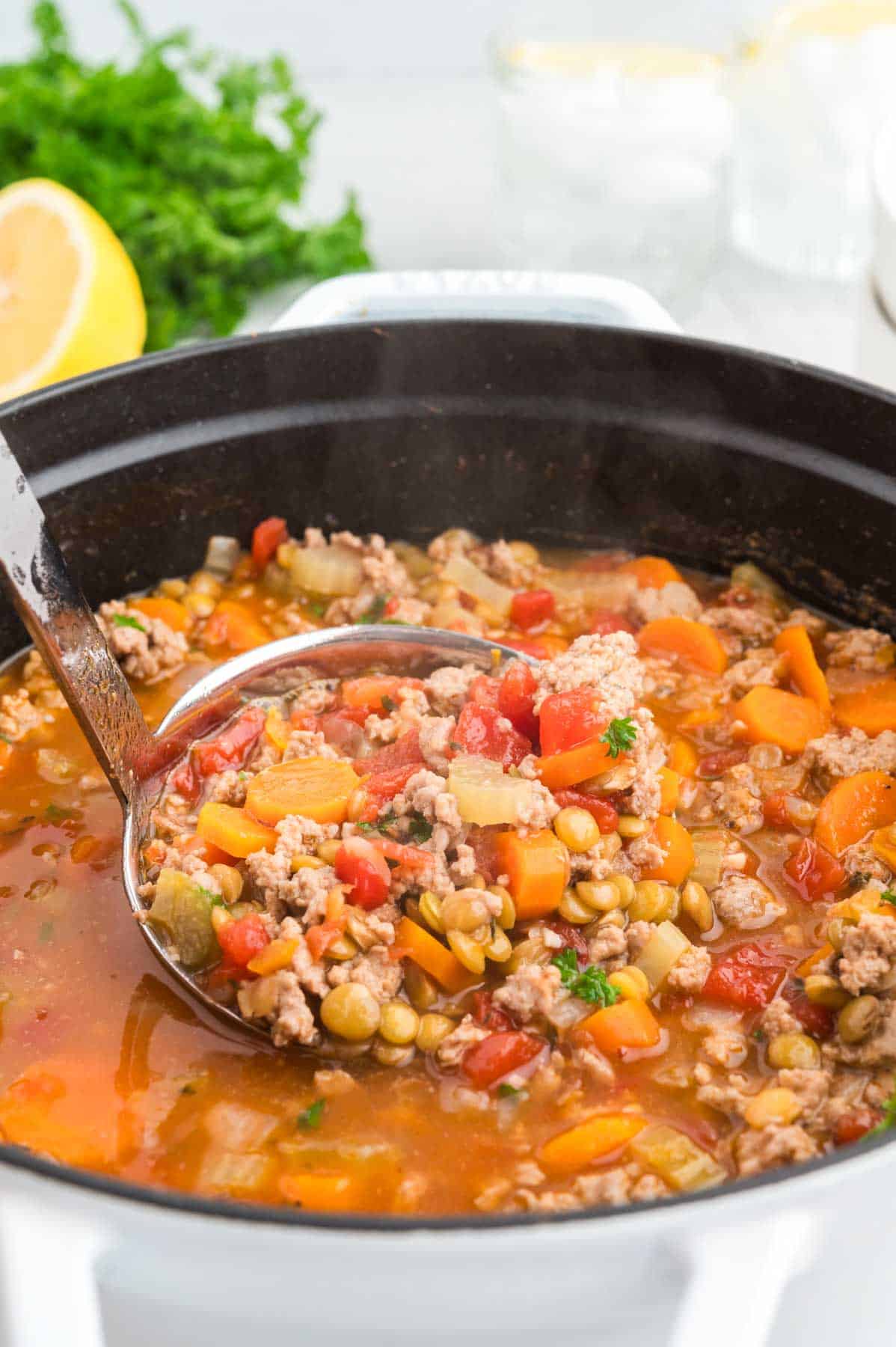 Turkey Lentil Soup is a hearty soup loaded with ground turkey, brown lentils, celery, carrots, onion and diced tomatoes.