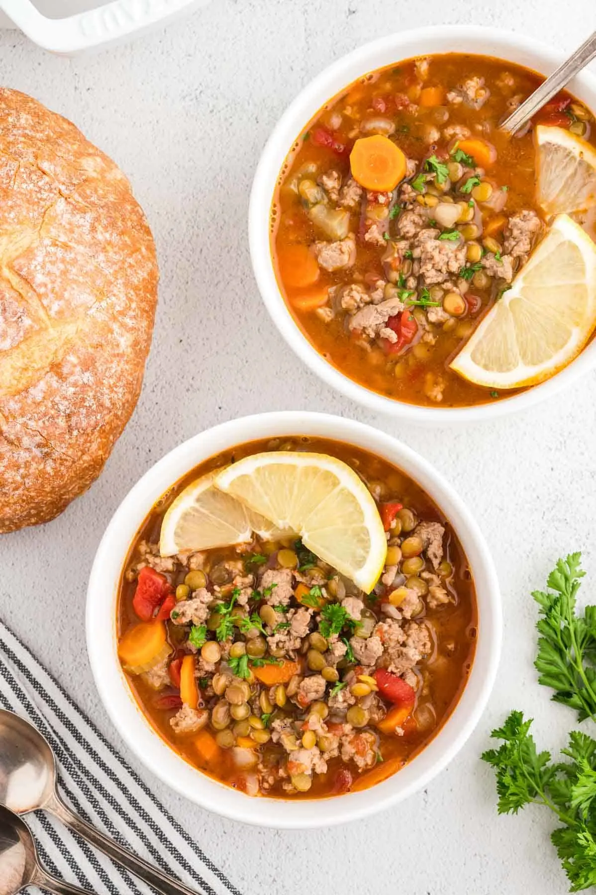 Turkey Lentil Soup is a hearty soup loaded with ground turkey, brown lentils, celery, carrots, onion and diced tomatoes.