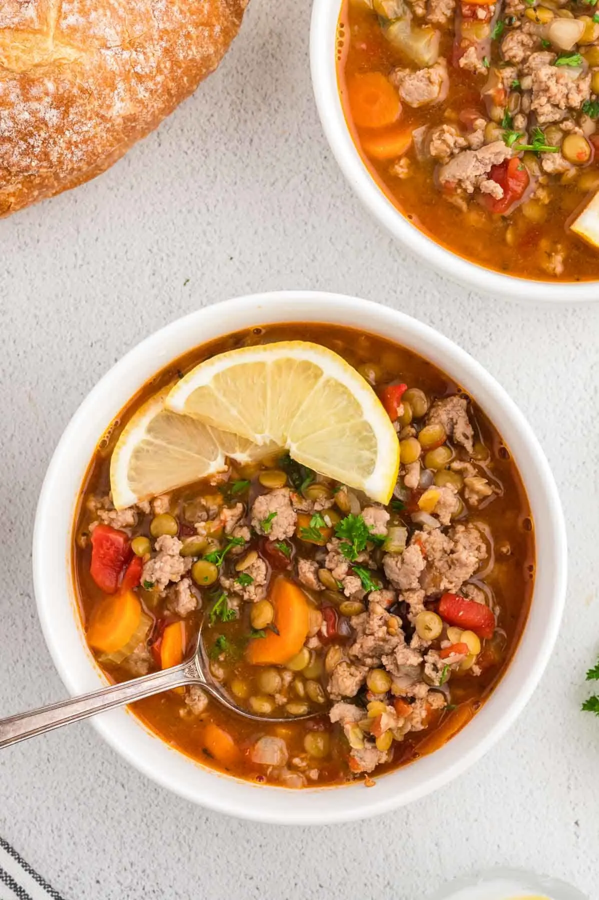 Turkey Lentil Soup is a hearty soup loaded with ground turkey, brown lentils, celery, carrots, onion and diced tomatoes.