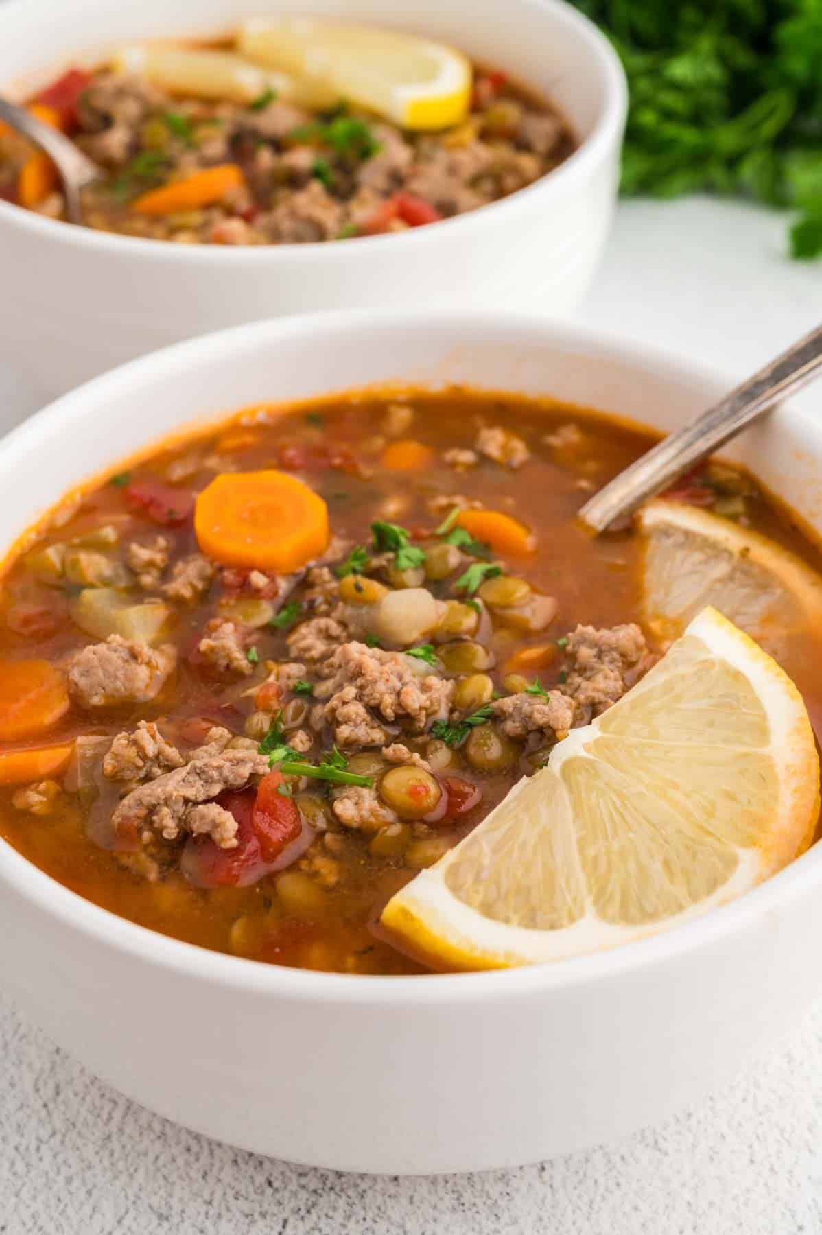 Turkey Lentil Soup is a hearty soup loaded with ground turkey, brown lentils, celery, carrots, onion and diced tomatoes.