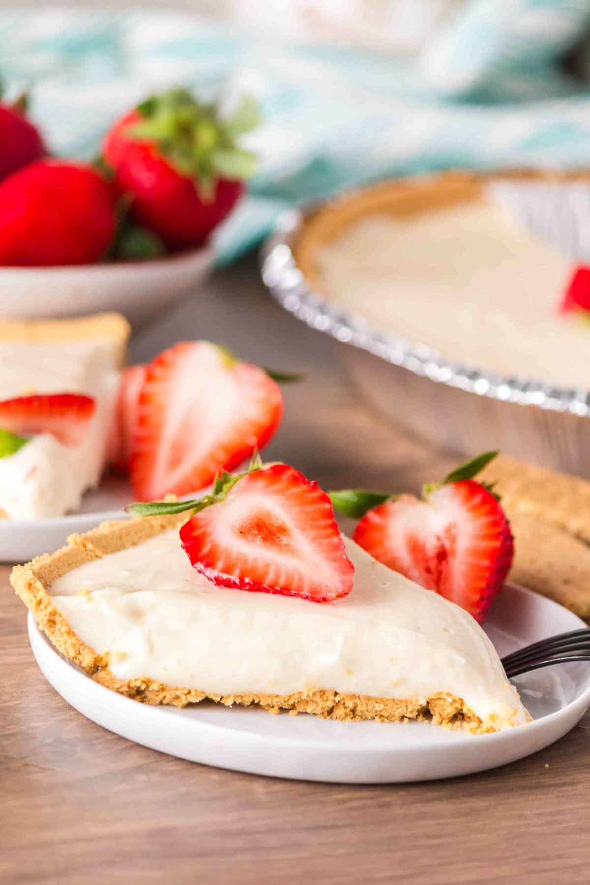 3 Ingredient Cheesecake is an easy no bake dessert recipe made with a graham pie crust, cream cheese and sweetened condensed milk.